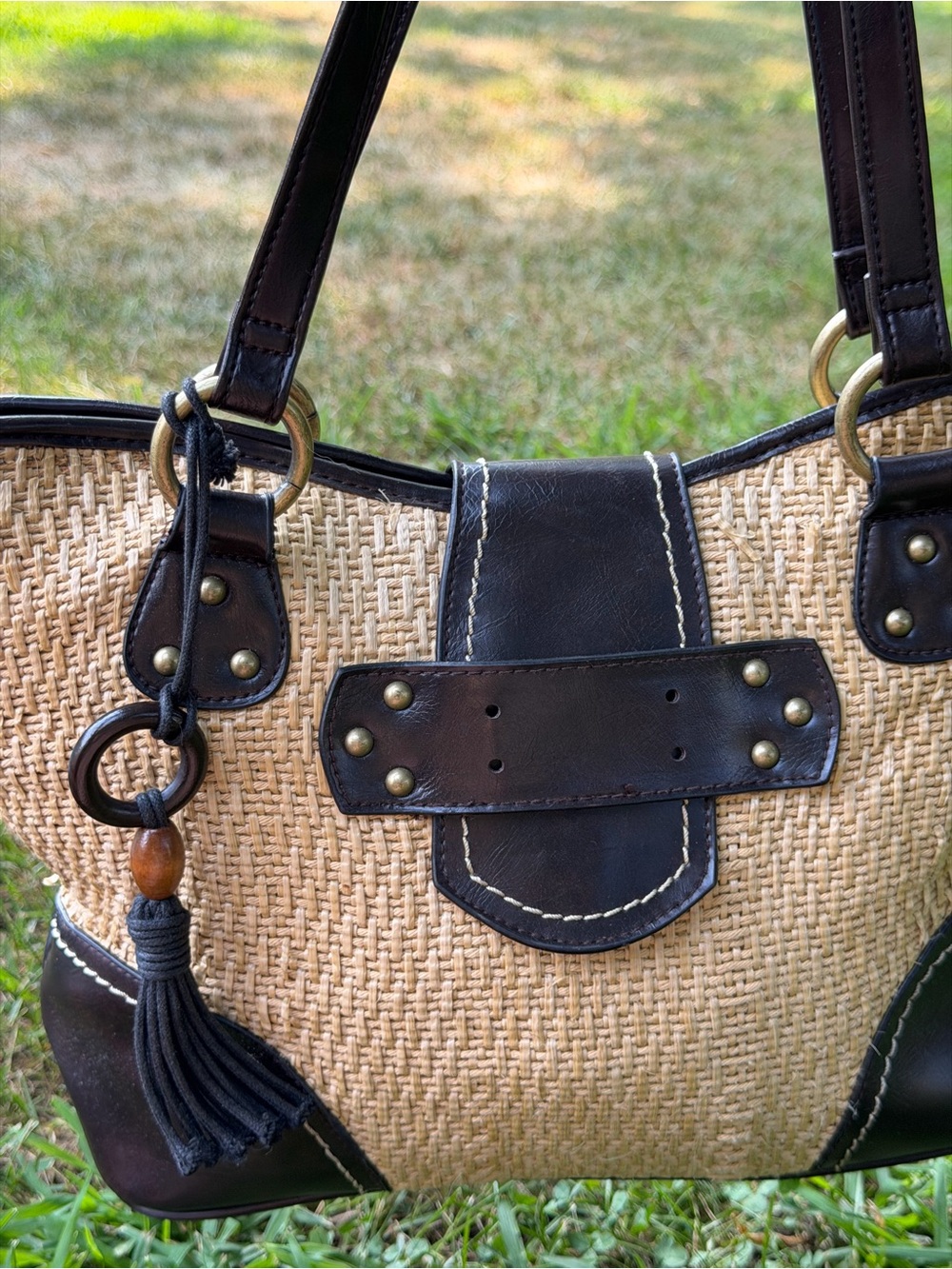 Woven Straw Tote with Dark Brown Leather Trim